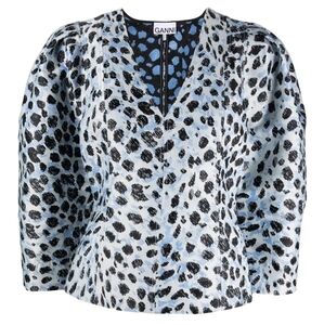 Ganni White and Blue Animal Print Blouse